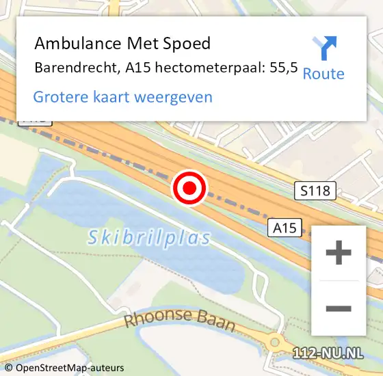 Locatie op kaart van de 112 melding: Ambulance Met Spoed Naar Barendrecht, A15 hectometerpaal: 55,5 op 28 augustus 2021 12:56