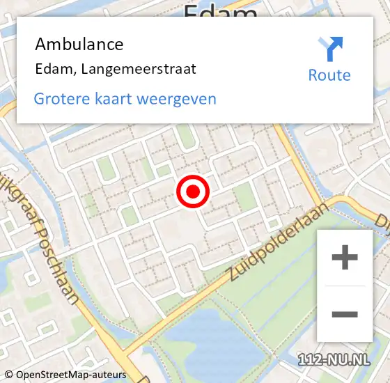 Locatie op kaart van de 112 melding: Ambulance Edam, Langemeerstraat op 28 augustus 2021 13:51