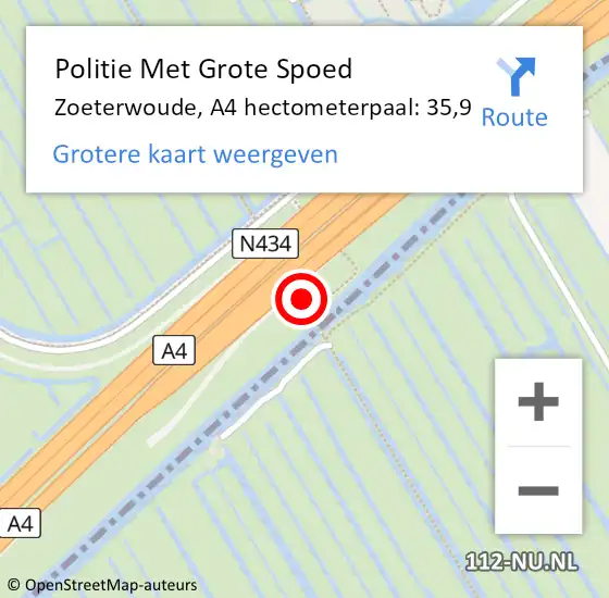 Locatie op kaart van de 112 melding: Politie Met Grote Spoed Naar Zoeterwoude, A4 hectometerpaal: 35,9 op 28 augustus 2021 15:17