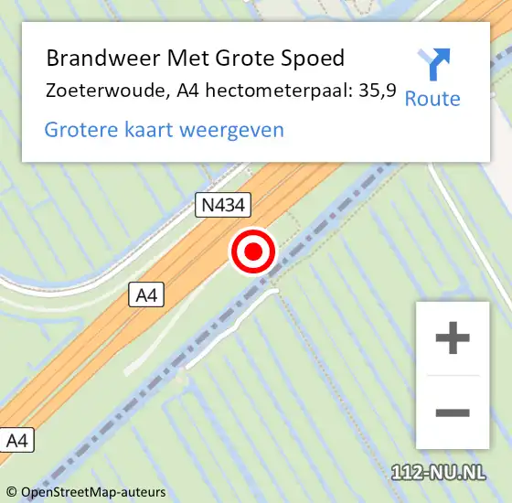 Locatie op kaart van de 112 melding: Brandweer Met Grote Spoed Naar Zoeterwoude, A4 hectometerpaal: 35,9 op 28 augustus 2021 15:18