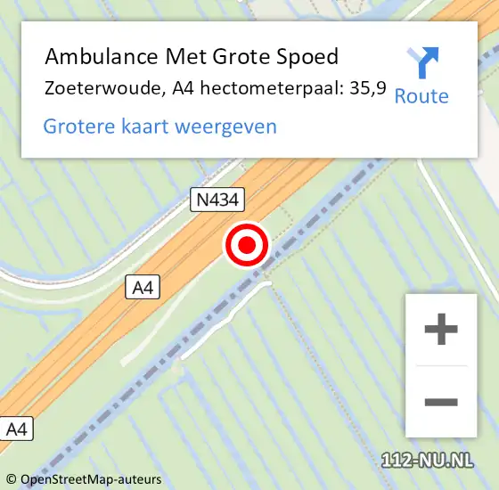 Locatie op kaart van de 112 melding: Ambulance Met Grote Spoed Naar Zoeterwoude, A4 hectometerpaal: 35,9 op 28 augustus 2021 15:19