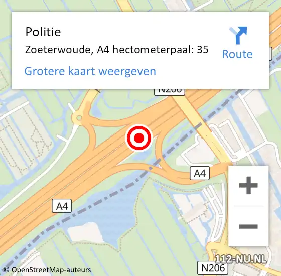 Locatie op kaart van de 112 melding: Politie Zoeterwoude, A4 hectometerpaal: 35 op 28 augustus 2021 15:52