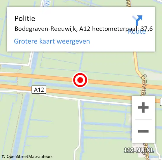 Locatie op kaart van de 112 melding: Politie Bodegraven-Reeuwijk, A12 hectometerpaal: 37,6 op 28 augustus 2021 18:40