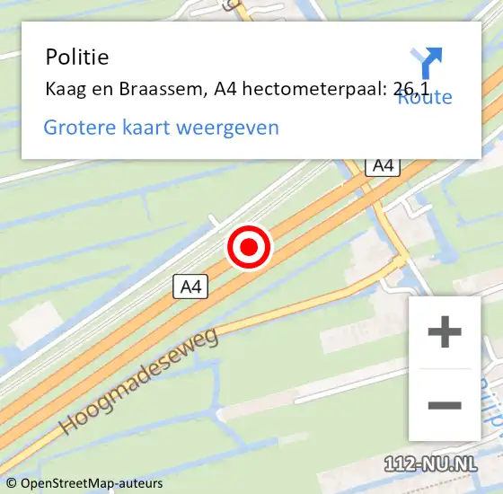 Locatie op kaart van de 112 melding: Politie Kaag en Braassem, A4 hectometerpaal: 26,1 op 28 augustus 2021 19:06