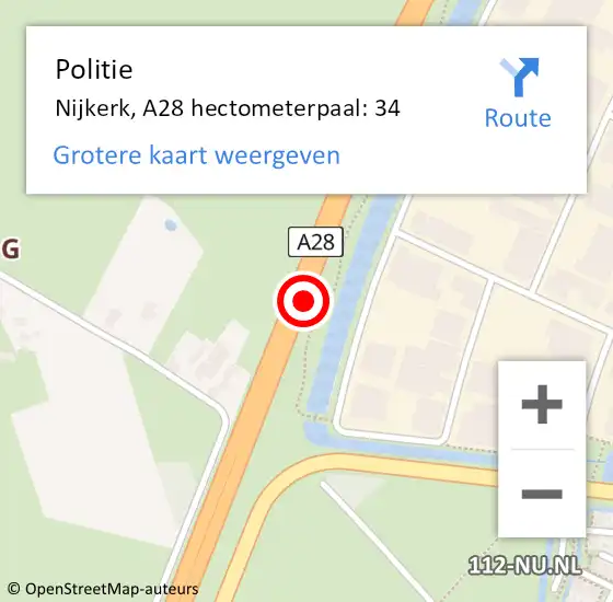 Locatie op kaart van de 112 melding: Politie Nijkerk, A28 hectometerpaal: 34 op 28 augustus 2021 19:52