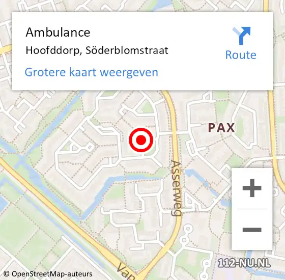Locatie op kaart van de 112 melding: Ambulance Hoofddorp, Söderblomstraat op 28 augustus 2021 20:09