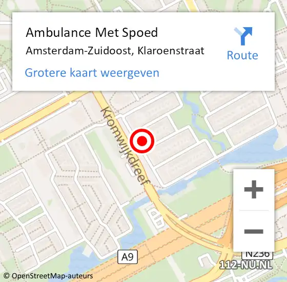 Locatie op kaart van de 112 melding: Ambulance Met Spoed Naar Amsterdam-Zuidoost, Klaroenstraat op 28 augustus 2021 21:40