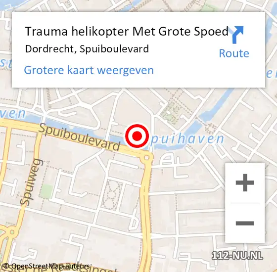 Locatie op kaart van de 112 melding: Trauma helikopter Met Grote Spoed Naar Dordrecht, Spuiboulevard op 28 augustus 2021 22:53