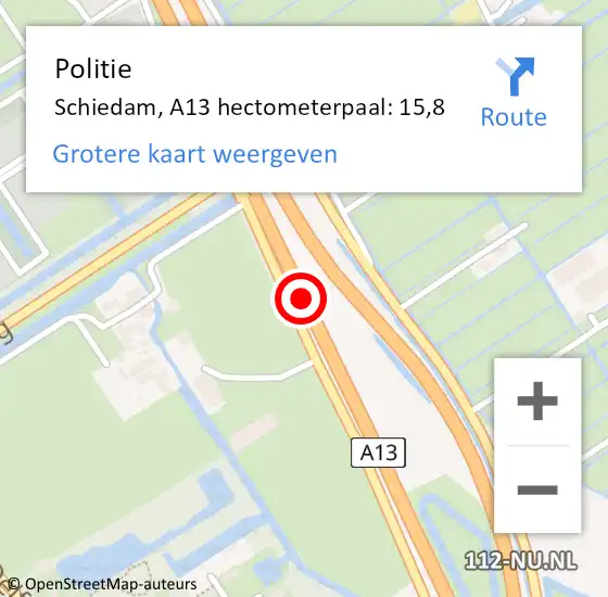 Locatie op kaart van de 112 melding: Politie Rotterdam, A13 hectometerpaal: 15,8 op 29 augustus 2021 06:31