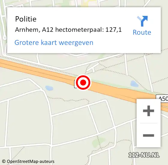 Locatie op kaart van de 112 melding: Politie Arnhem, A12 hectometerpaal: 127,1 op 29 augustus 2021 10:42