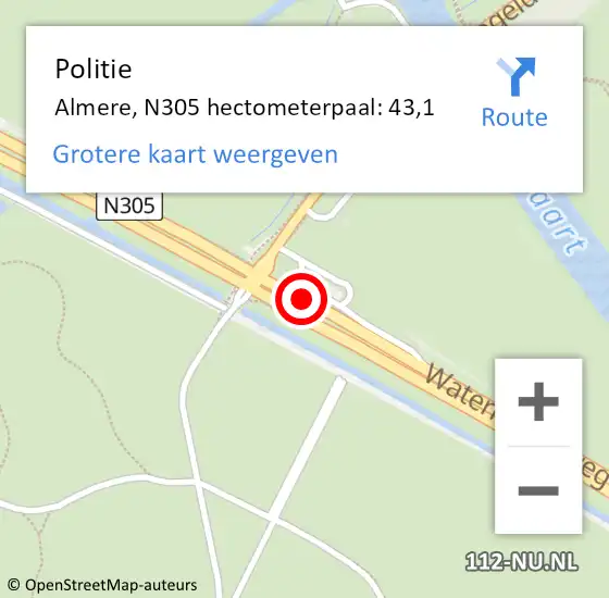 Locatie op kaart van de 112 melding: Politie Almere, N305 hectometerpaal: 43,1 op 29 augustus 2021 12:34