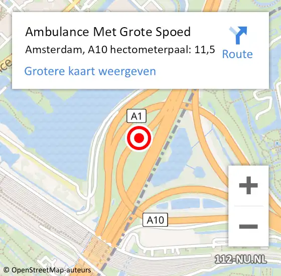 Locatie op kaart van de 112 melding: Ambulance Met Grote Spoed Naar Amsterdam, A10 hectometerpaal: 11,5 op 29 augustus 2021 13:48