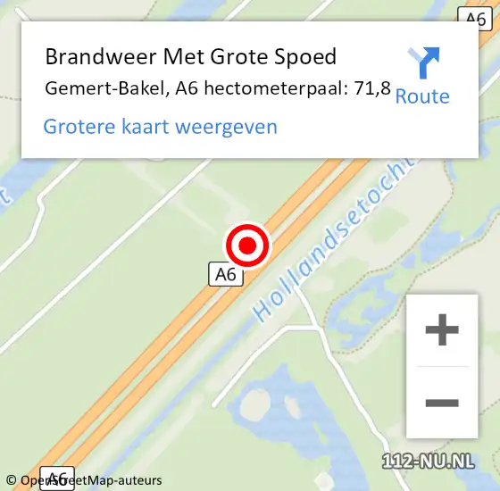 Locatie op kaart van de 112 melding: Brandweer Met Grote Spoed Naar Gemert-Bakel, A6 hectometerpaal: 71,8 op 29 augustus 2021 13:52