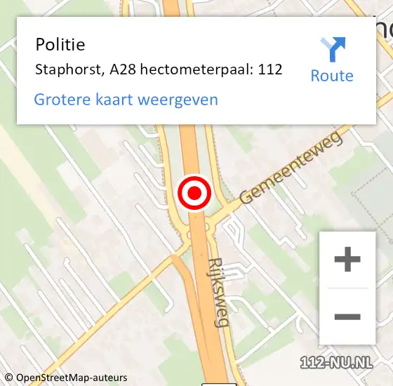 Locatie op kaart van de 112 melding: Politie Staphorst, A28 hectometerpaal: 112 op 29 augustus 2021 14:46