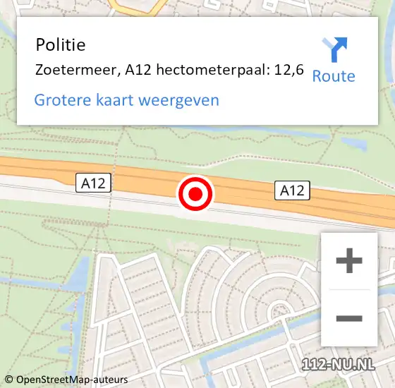 Locatie op kaart van de 112 melding: Politie Zoetermeer, A12 hectometerpaal: 12,6 op 29 augustus 2021 15:09