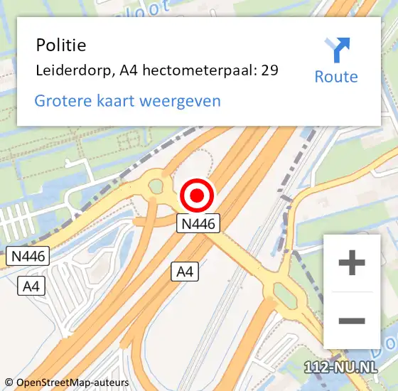 Locatie op kaart van de 112 melding: Politie Leiderdorp, A4 hectometerpaal: 29 op 29 augustus 2021 15:53