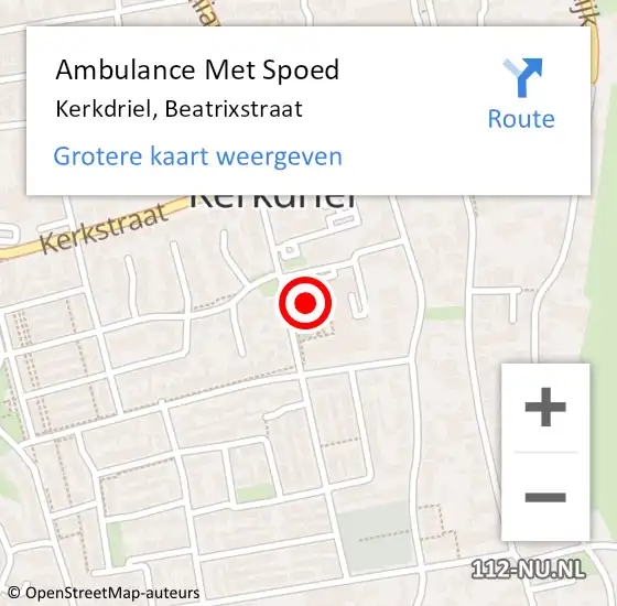 Locatie op kaart van de 112 melding: Ambulance Met Spoed Naar Kerkdriel, Beatrixstraat op 29 augustus 2021 15:55