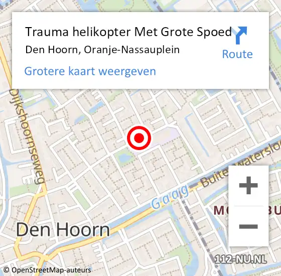 Locatie op kaart van de 112 melding: Trauma helikopter Met Grote Spoed Naar Den Hoorn, Oranje-Nassauplein op 29 augustus 2021 22:14