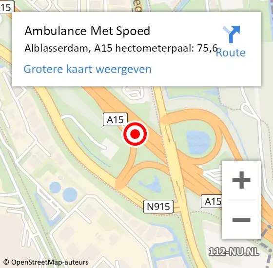 Locatie op kaart van de 112 melding: Ambulance Met Spoed Naar Alblasserdam, A15 hectometerpaal: 75,6 op 30 augustus 2021 03:39