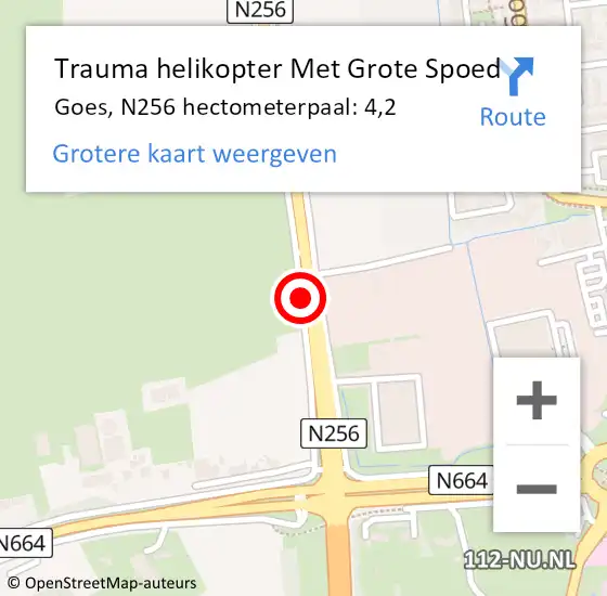 Locatie op kaart van de 112 melding: Trauma helikopter Met Grote Spoed Naar Goes, N256 hectometerpaal: 4,2 op 30 augustus 2021 09:25