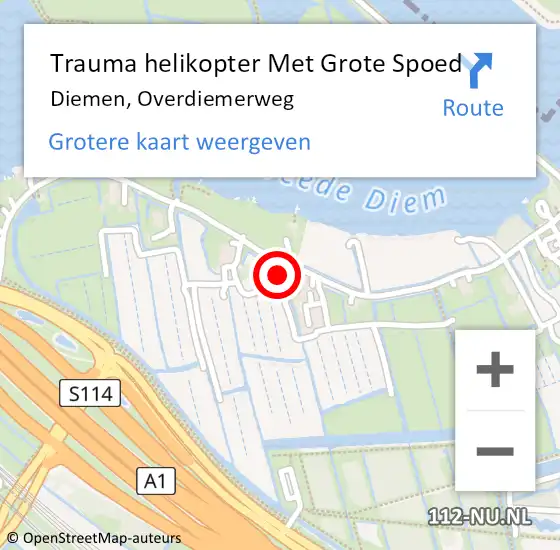 Locatie op kaart van de 112 melding: Trauma helikopter Met Grote Spoed Naar Diemen, Overdiemerweg op 30 augustus 2021 10:26