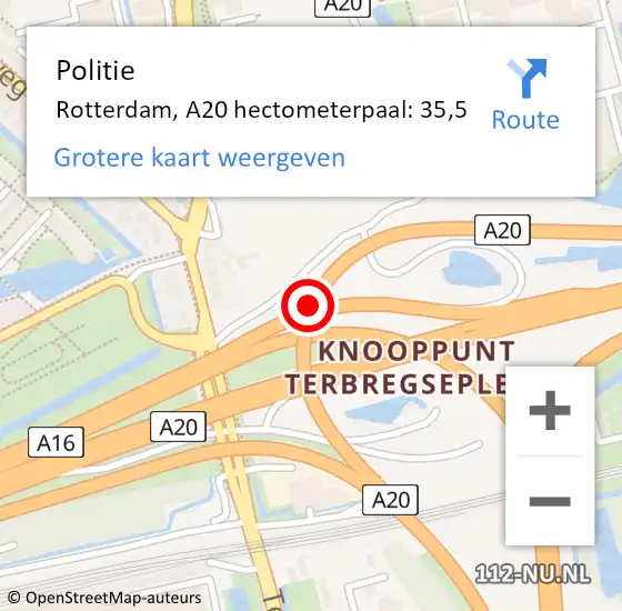 Locatie op kaart van de 112 melding: Politie Rotterdam, A20 hectometerpaal: 35,5 op 30 augustus 2021 10:47