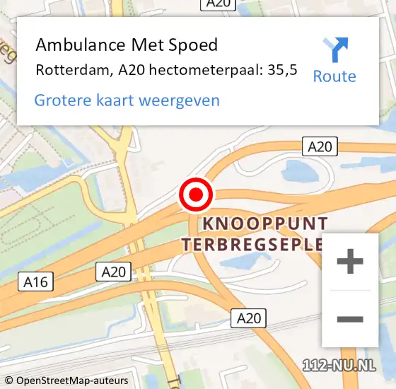 Locatie op kaart van de 112 melding: Ambulance Met Spoed Naar Rotterdam, A20 hectometerpaal: 35,5 op 30 augustus 2021 10:58
