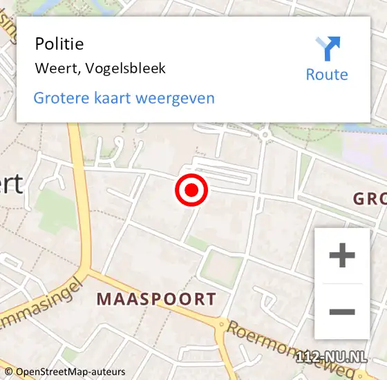 Locatie op kaart van de 112 melding: Politie Weert, Vogelsbleek op 30 augustus 2021 12:42