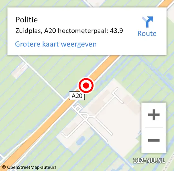 Locatie op kaart van de 112 melding: Politie Zuidplas, A20 hectometerpaal: 43,9 op 30 augustus 2021 13:07