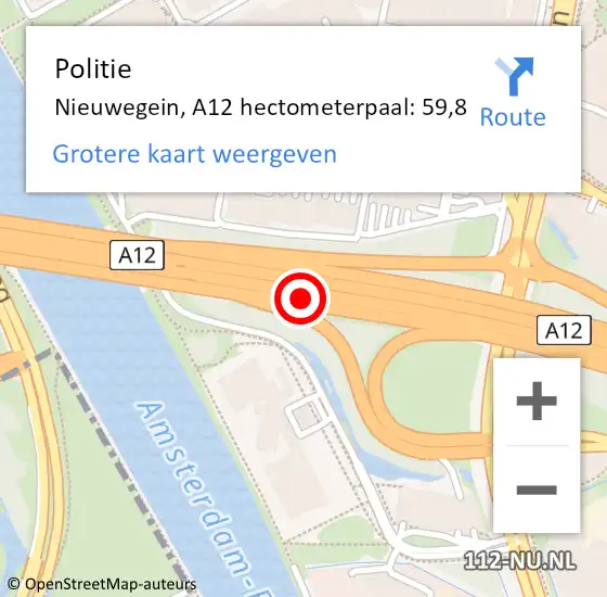 Locatie op kaart van de 112 melding: Politie Nieuwegein, A12 hectometerpaal: 59,8 op 30 augustus 2021 13:22