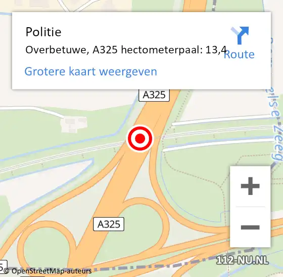 Locatie op kaart van de 112 melding: Politie Overbetuwe, A325 hectometerpaal: 13,4 op 30 augustus 2021 13:38