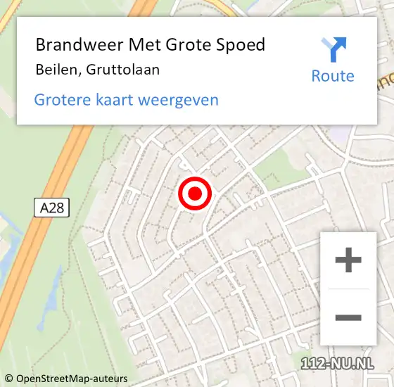 Locatie op kaart van de 112 melding: Brandweer Met Grote Spoed Naar Beilen, Gruttolaan op 30 augustus 2021 14:17