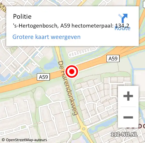 Locatie op kaart van de 112 melding: Politie 's-Hertogenbosch, A59 hectometerpaal: 134,2 op 30 augustus 2021 14:24