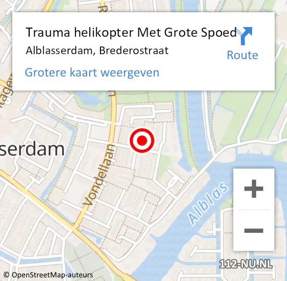 Locatie op kaart van de 112 melding: Trauma helikopter Met Grote Spoed Naar Alblasserdam, Brederostraat op 30 augustus 2021 14:58