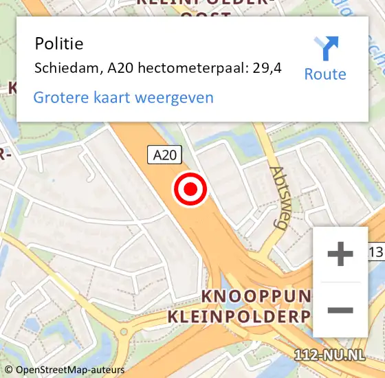 Locatie op kaart van de 112 melding: Politie Rotterdam, A20 hectometerpaal: 29,4 op 30 augustus 2021 15:12