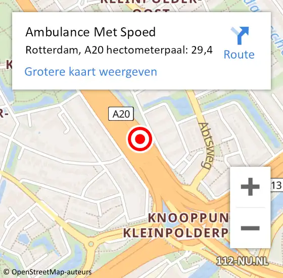 Locatie op kaart van de 112 melding: Ambulance Met Spoed Naar Rotterdam, A20 hectometerpaal: 29,4 op 30 augustus 2021 15:13