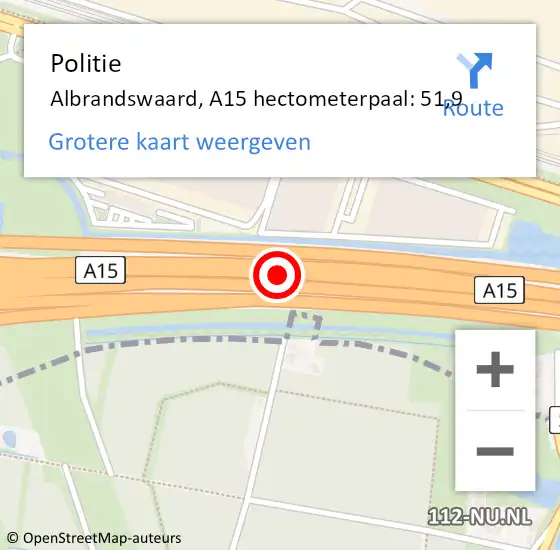 Locatie op kaart van de 112 melding: Politie Albrandswaard, A15 hectometerpaal: 51,9 op 30 augustus 2021 16:07