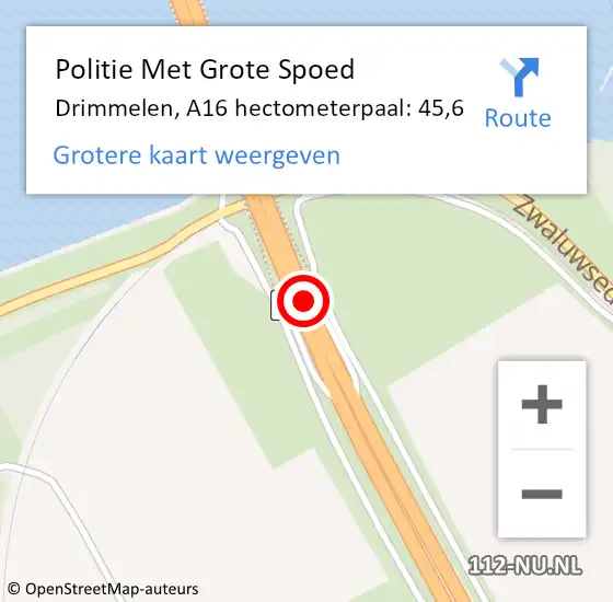 Locatie op kaart van de 112 melding: Politie Met Grote Spoed Naar Drimmelen, A16 hectometerpaal: 45,6 op 30 augustus 2021 16:37