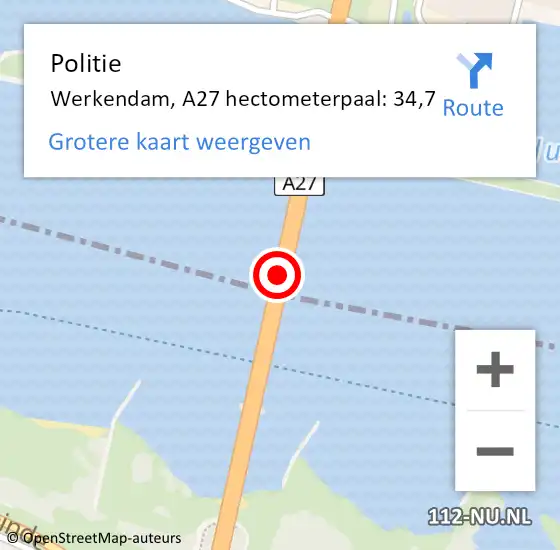 Locatie op kaart van de 112 melding: Politie Werkendam, A27 hectometerpaal: 34,7 op 30 augustus 2021 18:03