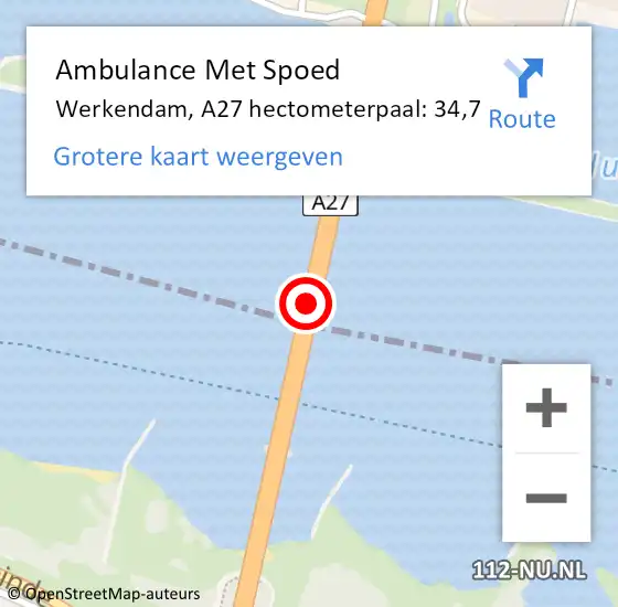 Locatie op kaart van de 112 melding: Ambulance Met Spoed Naar Werkendam, A27 hectometerpaal: 34,7 op 30 augustus 2021 18:07