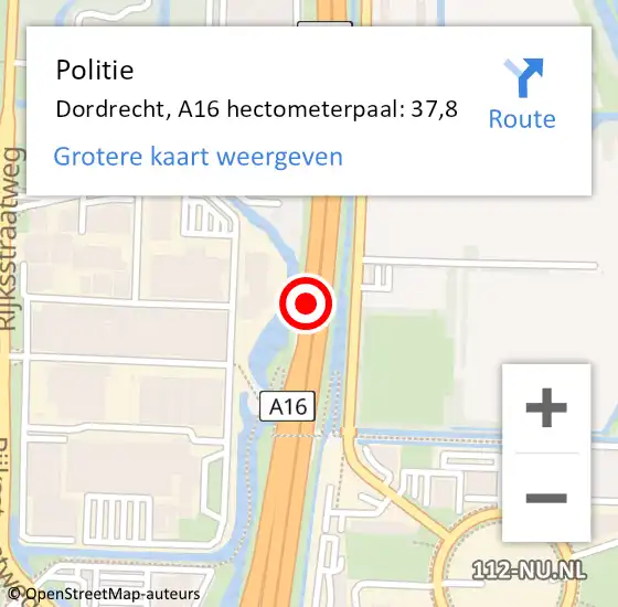 Locatie op kaart van de 112 melding: Politie Dordrecht, A16 hectometerpaal: 37,8 op 30 augustus 2021 19:01