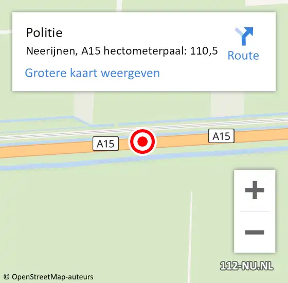 Locatie op kaart van de 112 melding: Politie Neerijnen, A15 hectometerpaal: 110,5 op 30 augustus 2021 19:47