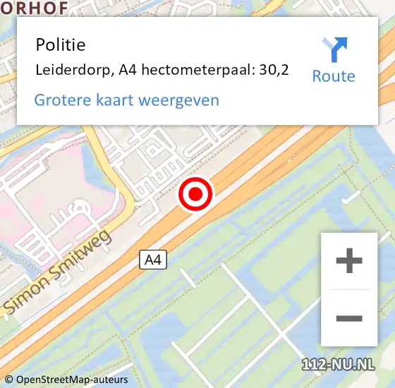 Locatie op kaart van de 112 melding: Politie Leiderdorp, A4 hectometerpaal: 30,2 op 30 augustus 2021 19:52