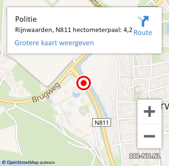 Locatie op kaart van de 112 melding: Politie Rijnwaarden, N811 hectometerpaal: 4,2 op 30 augustus 2021 21:24