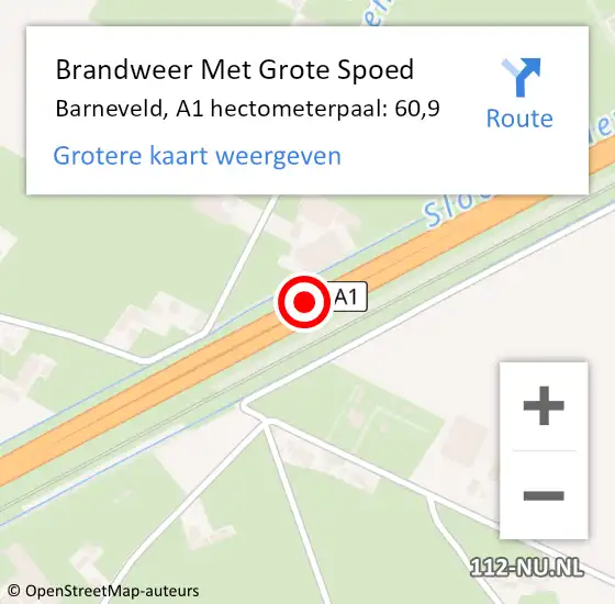 Locatie op kaart van de 112 melding: Brandweer Met Grote Spoed Naar Barneveld, A1 hectometerpaal: 60,9 op 30 augustus 2021 21:30