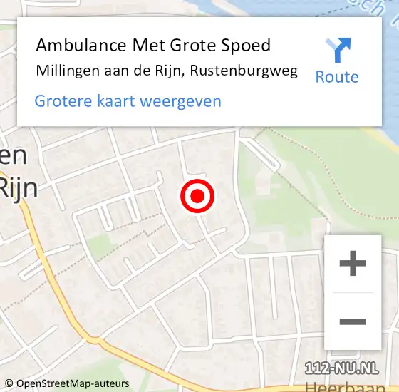 Locatie op kaart van de 112 melding: Ambulance Met Grote Spoed Naar Millingen aan de Rijn, Rustenburgweg op 30 augustus 2021 23:52