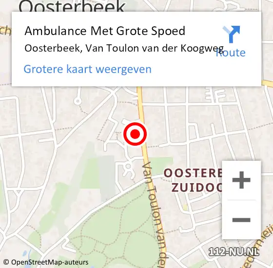 Locatie op kaart van de 112 melding: Ambulance Met Grote Spoed Naar Oosterbeek, Van Toulon van der Koogweg op 31 augustus 2021 02:13