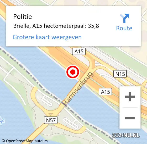 Locatie op kaart van de 112 melding: Politie Brielle, A15 hectometerpaal: 35,8 op 31 augustus 2021 02:50