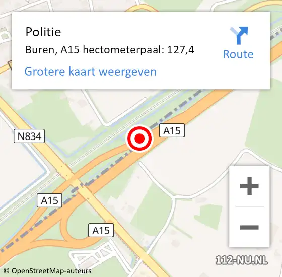 Locatie op kaart van de 112 melding: Politie Buren, A15 hectometerpaal: 127,4 op 31 augustus 2021 07:29