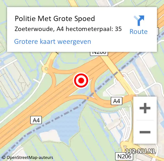 Locatie op kaart van de 112 melding: Politie Met Grote Spoed Naar Zoeterwoude, A4 hectometerpaal: 35 op 31 augustus 2021 08:25